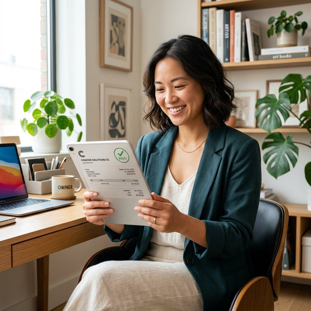Successful business owner smiling with a professional invoice